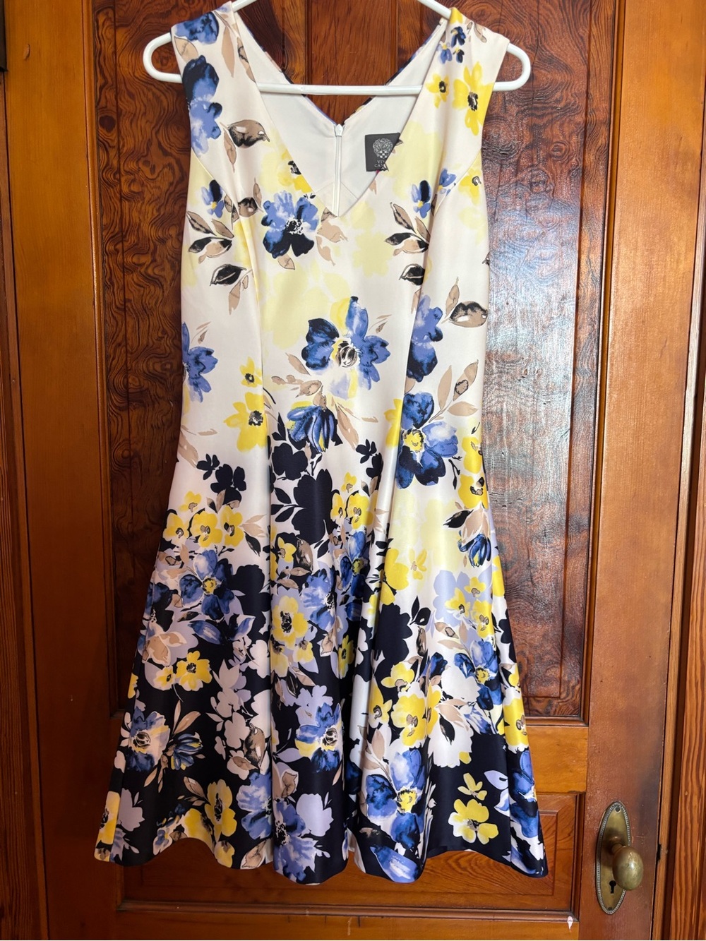 Summery Floral Fit & Flare Dress in Blue, Yellow, Tan & White size 8